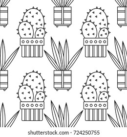 Black and white seamless pattern of cacti and succulents for coloring books, pages.