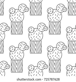 Black and white seamless pattern of cacti and succulents for coloring books, pages.