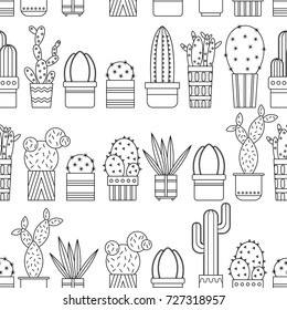 Black and white seamless pattern of cacti and succulents for coloring books, pages.