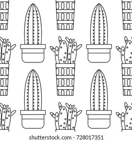 Black and white seamless pattern of cacti and succulents for coloring books, pages.