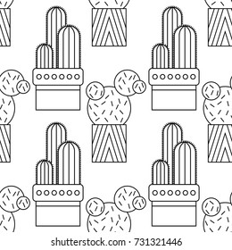 Black and white seamless pattern of cacti and succulents for coloring books, pages.