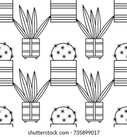 Black and white seamless pattern of cacti and succulents for coloring books, pages.