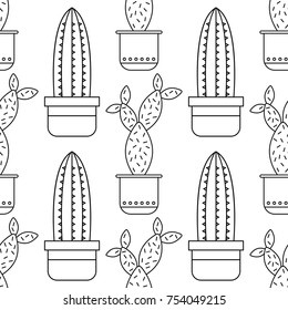 Black and white seamless pattern of cacti and succulents for coloring books, pages. Vector illustration
