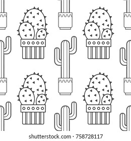 Black and white seamless pattern of cacti and succulents for coloring books, pages.