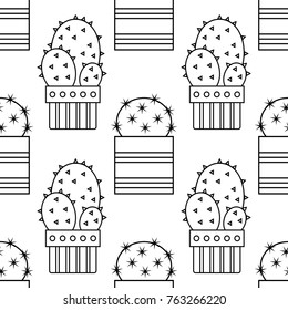 Black and white seamless pattern of cacti and succulents for coloring books, pages.