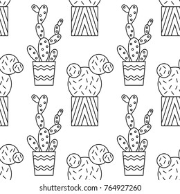 Black and white seamless pattern of cacti and succulents for coloring books, pages.