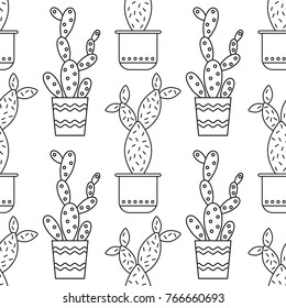 Black and white seamless pattern of cacti and succulents for coloring books, pages.