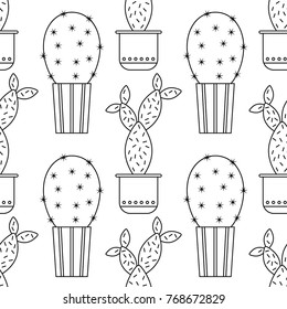 Black and white seamless pattern of cacti and succulents for coloring books, pages.