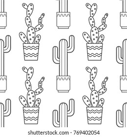 Black and white seamless pattern of cacti and succulents for coloring books, pages.