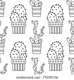 Black and white seamless pattern of cacti and succulents for coloring books, pages.