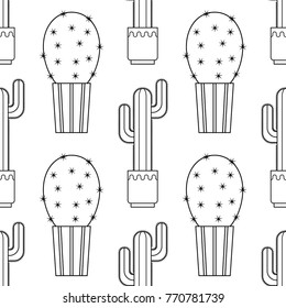 Black and white seamless pattern of cacti and succulents for coloring books, pages.