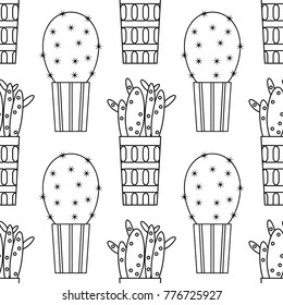 Black and white seamless pattern of cacti and succulents for coloring books, pages.