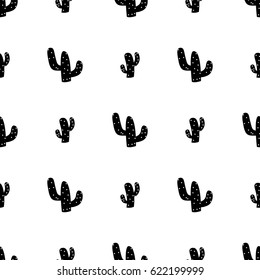 Black and white seamless pattern with cactus hand-drawn silhouettes.