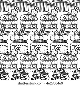 Black and white seamless pattern with cakes for coloring books.
