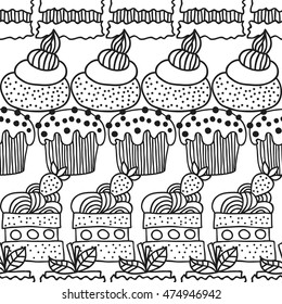 Black and white seamless pattern with cakes for coloring books.