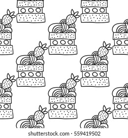 Black and white seamless pattern with cakes for coloring books.