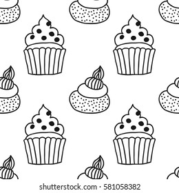 Black and white seamless pattern with cakes for coloring books.