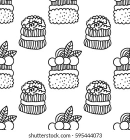 Black and white seamless pattern with cakes for coloring books.