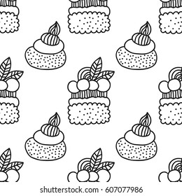 Black and white seamless pattern with cakes for coloring books. Illustration of desserts, pastry.