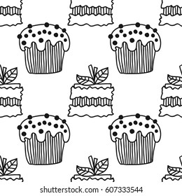 Black and white seamless pattern with cakes for coloring books.