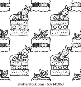 Black and white seamless pattern with cakes for coloring books.