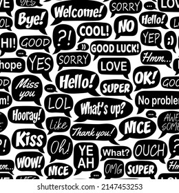 Black and white seamless pattern with cartoon speech bubbles with dialog words: happy, thanks, good, bye. Modern vector illustration.