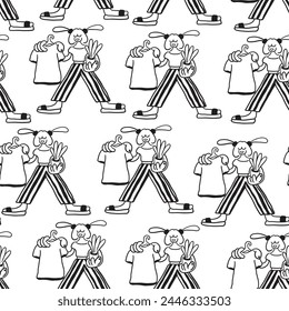 patrón sin costuras blanco y negro con personaje de niña de dibujos animados en estilo doodle en Vector. Plantilla para fondo, Fondo de pantalla, envoltura, tela, impresión