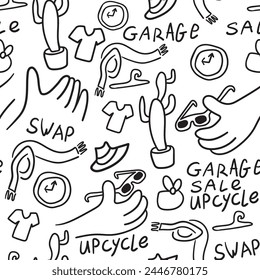 patrón transparente en blanco y negro de objetos de dibujos animados en estilo doodle en Vector. Plantilla para fondo, Fondo de pantalla, envoltura, tela, impresión