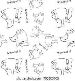 Black and white seamless pattern, cartoon sketch smiling dog, kids drawing. Hand drawn animal pet seamless background. Doodle art, vector illustration for textile fabric, paper print