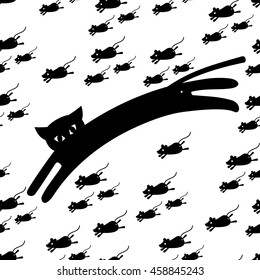 Black and white seamless pattern with cat and mice. Vector clip art.