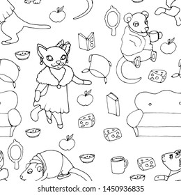 Black white seamless pattern with cats and mice. Black white seamless pattern with cats and mice.