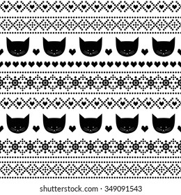 Black and white seamless pattern with cats for kids holidays. Scandinavian sweater style. Christmas decorations. Cute background for winter holidays. Xmas traditional ornamental pattern. 