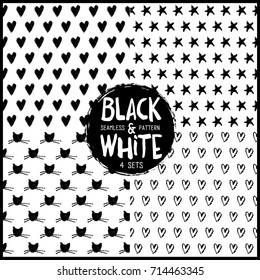 Black and white seamless pattern with cats, hearts, stars.Hand painted pastel crayon. Design element for wallpapers, wedding invitations, birthday card, scrapbooking, fabric print etc, cover design.