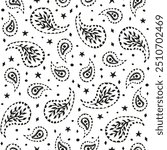 Black and white seamless pattern with celestial and paisley motifs. Monochrome stars and florals boho wallpaper.