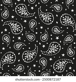 Black and white seamless pattern with celestial and paisley motifs. Monochrome stars and florals boho wallpaper.