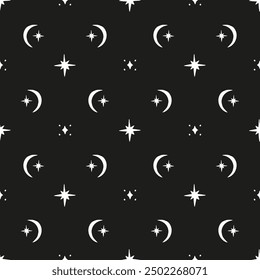 Black and white seamless pattern with celestial motifs. Stars and moons background. Monochrome boho wallpaper.