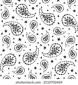 Black and white seamless pattern with celestial and paisley motifs. Monochrome stars and florals boho wallpaper.