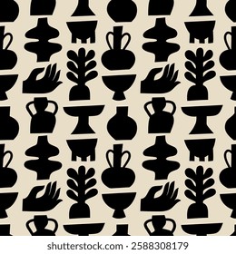 Black and white seamless pattern with ceramic pottery tableware. Silhouettes of different pottery vases and ceramic shapes. Vector illustration.