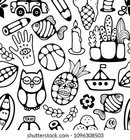 Black and white seamless pattern with characters and objects. Vector endless wallpaper for coloring.