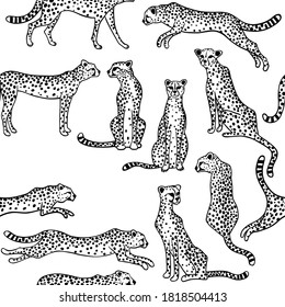 Black and white seamless pattern with cheetahs