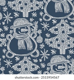 Black and white seamless pattern with Christmas trees and snowmen. Vector illustration.
