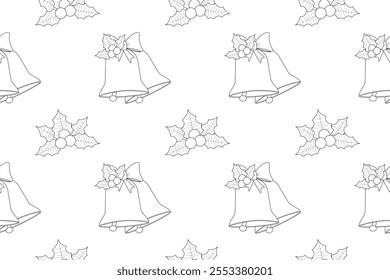 Black and white seamless pattern with Christmas bells and holly leaves, perfect for coloring pages or holiday designs.