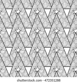 Black and white seamless pattern with Christmas trees for coloring