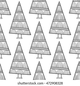 Black and white seamless pattern with Christmas trees for coloring