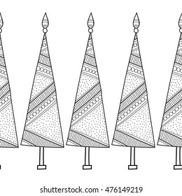 Black and white seamless pattern with Christmas trees for coloring