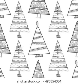Black and white seamless pattern with Christmas trees for coloring