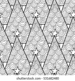 Black and white seamless pattern with Christmas trees for coloring