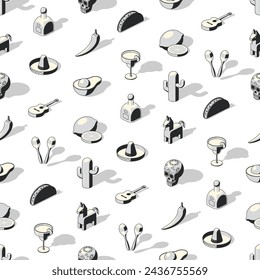 Black and white seamless pattern of Cinco de mayo isometric icons on transparent background