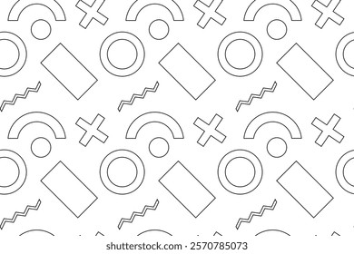 Black and white seamless pattern with circles, arcs, rectangles, crosses, and zigzag lines in a minimalist style.