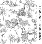 Black and white seamless pattern in classic Toile de Jouy style with tropical jungle scenes. Detailed vintage engraving illustration featuring leopards climbing and jumping on trees, exotic birds, palm trees, lush foliage and twisting vines. Elegant monochrome wildlife pattern inspired by traditional French textile designs, ideal for fabric, wallpaper and decorative surface design.